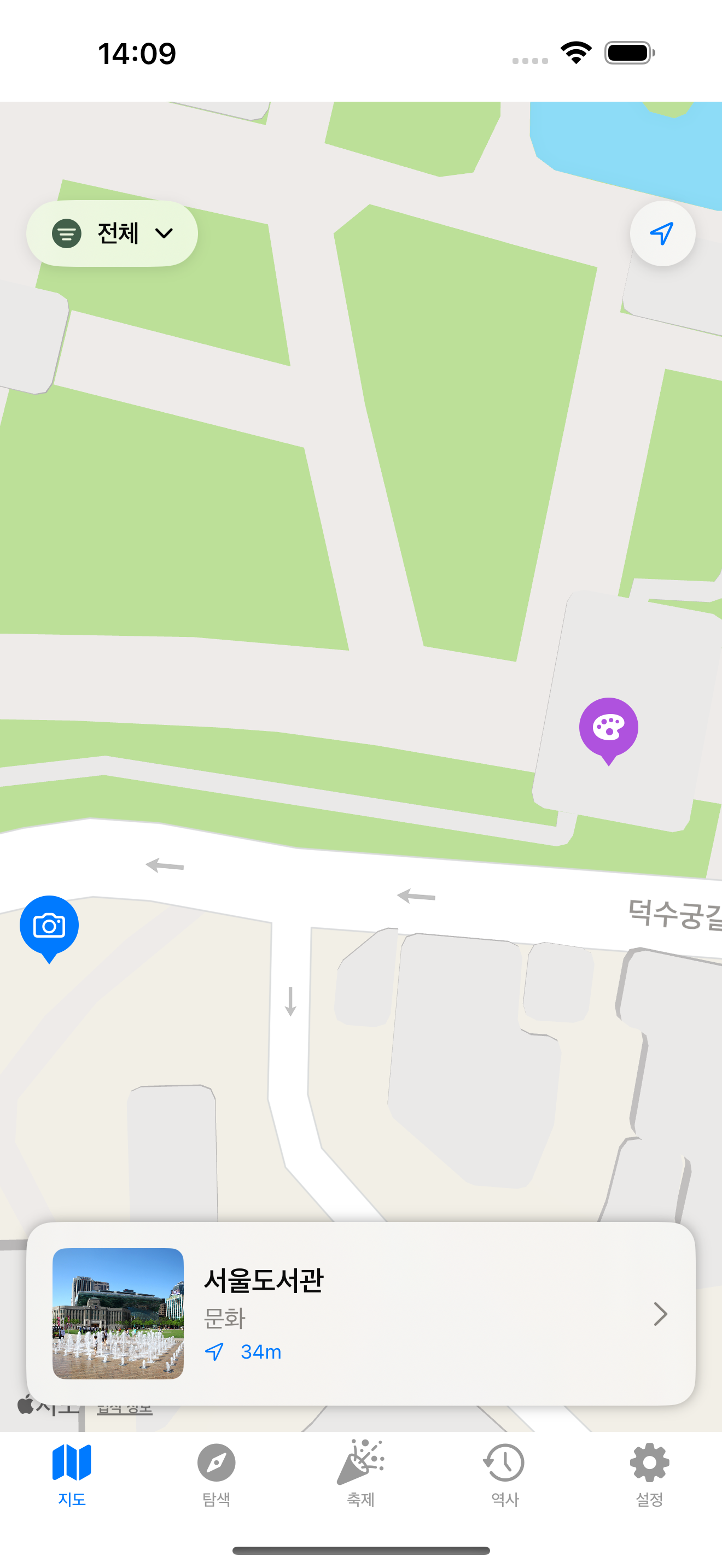 Map view with color-coded markers and compass